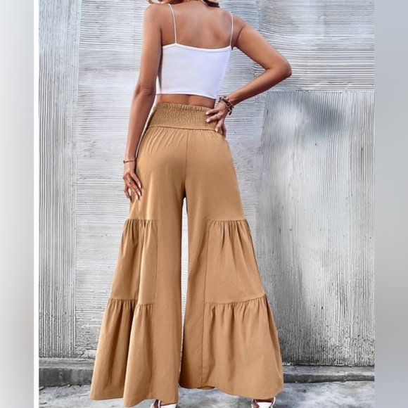 Boho Tie Front Shirred Waist Ruffle Hem Wide Leg Pants - Picture 3 of 6